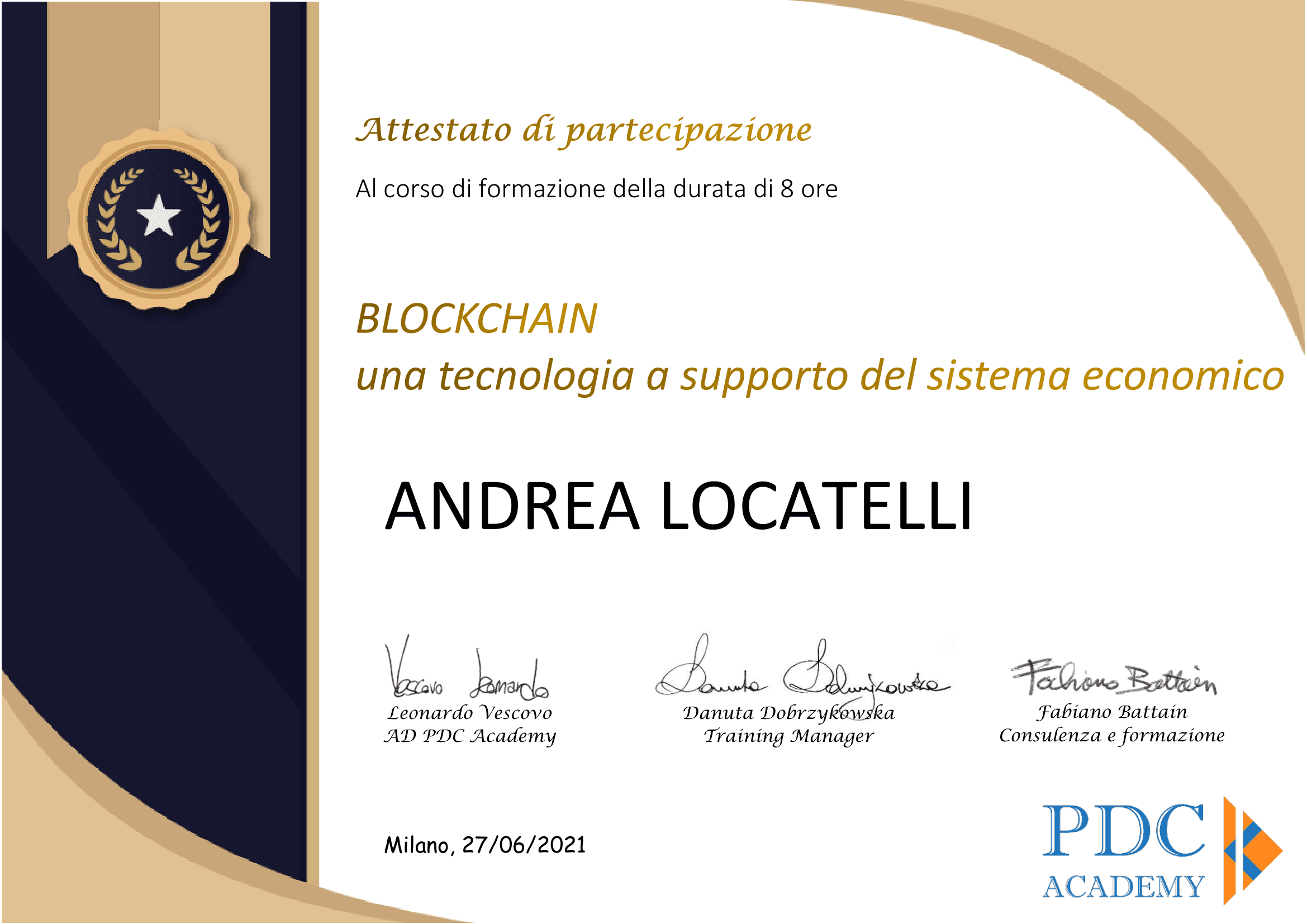 Attestato: Blockchain: una tecnologia a supporto del sistema economico