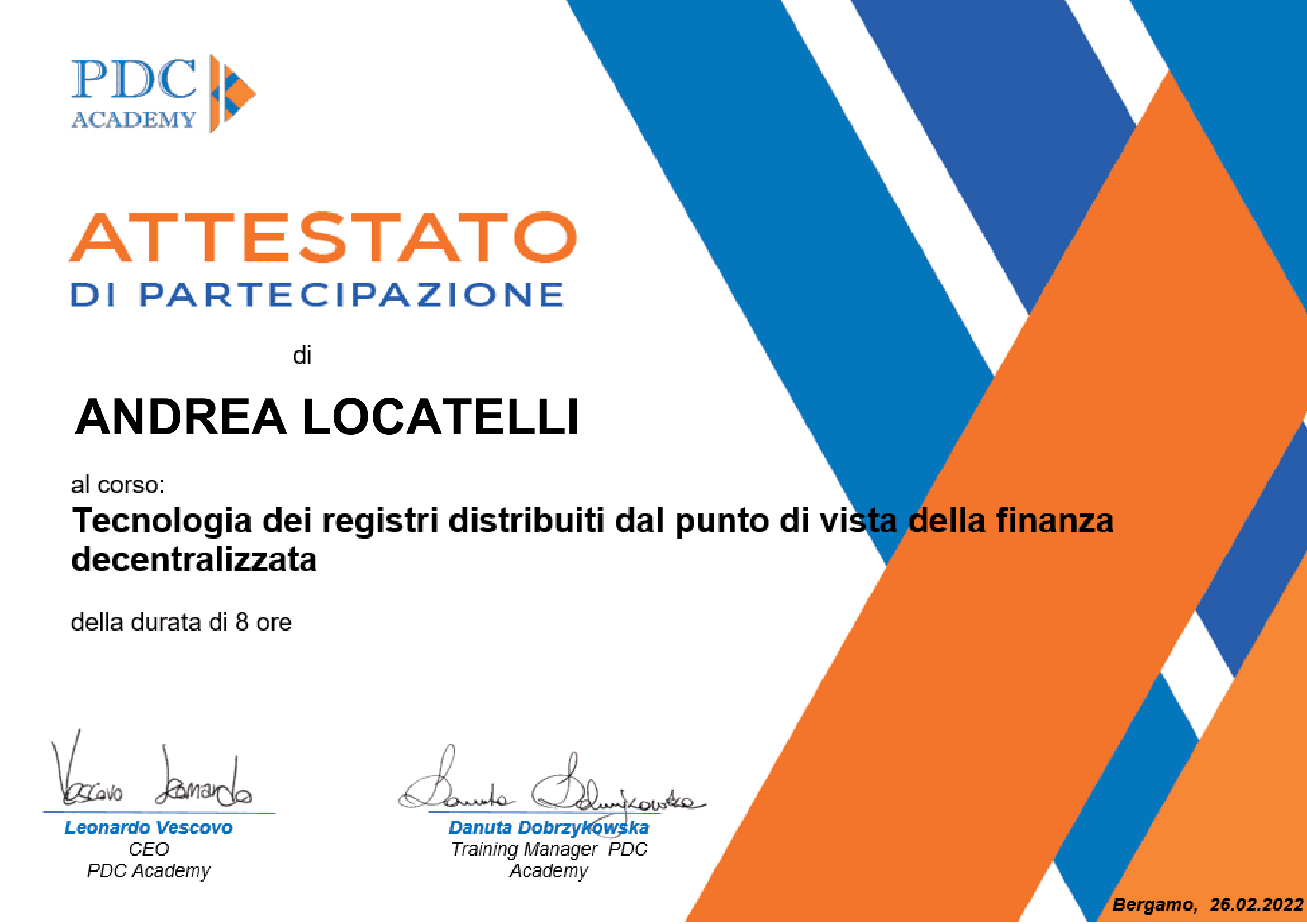 Attestato: Tecnologia dei registri distribuiti dal punto di vista della finanza decentralizzata