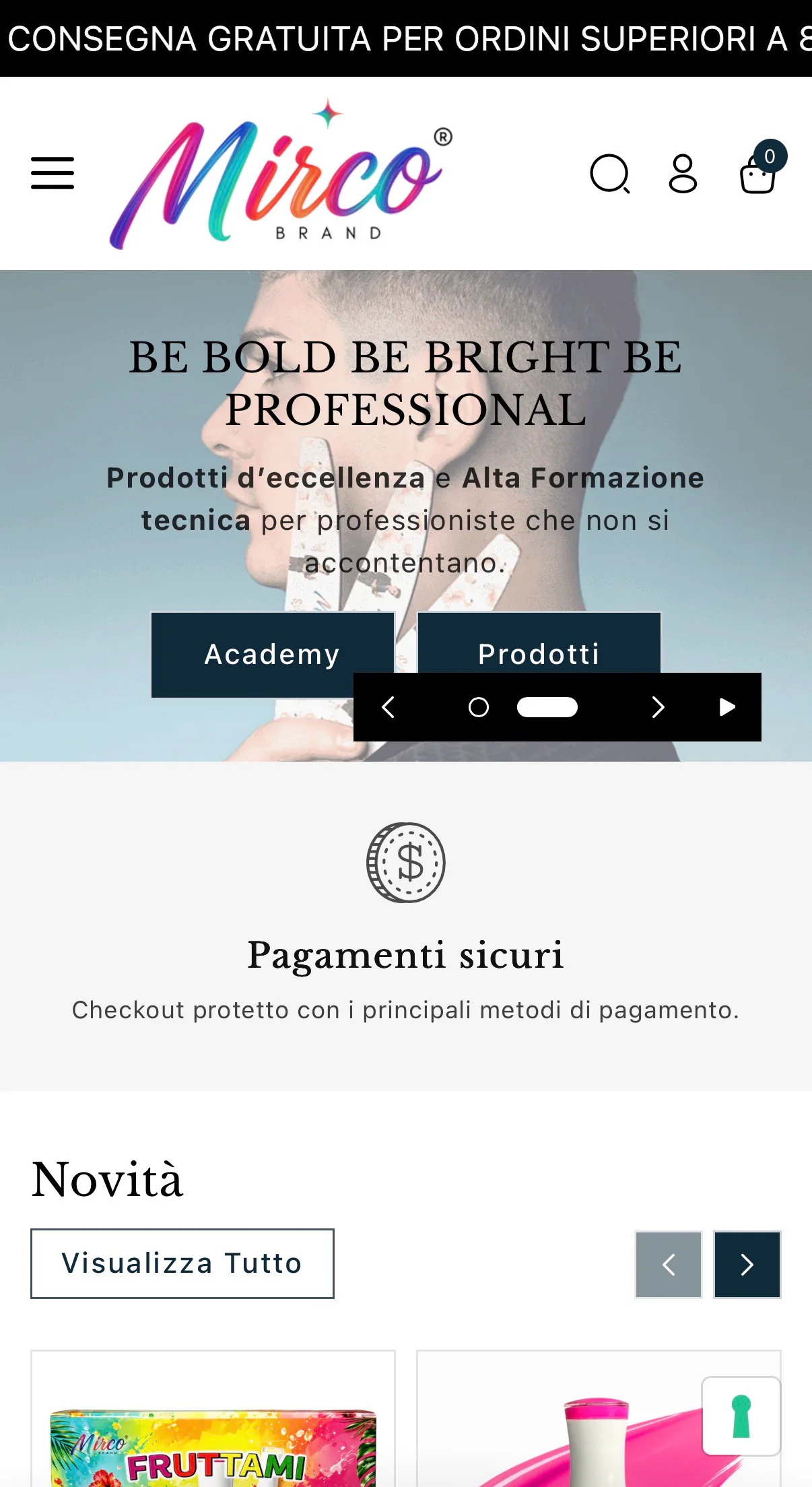 La stessa homepage su smartphone: menu compatto con ricerca, account e carrello, slide di apertura con i pulsanti Academy e Prodotti, blocco «Pagamenti sicuri» e sezione Novità con i prodotti in evidenza.