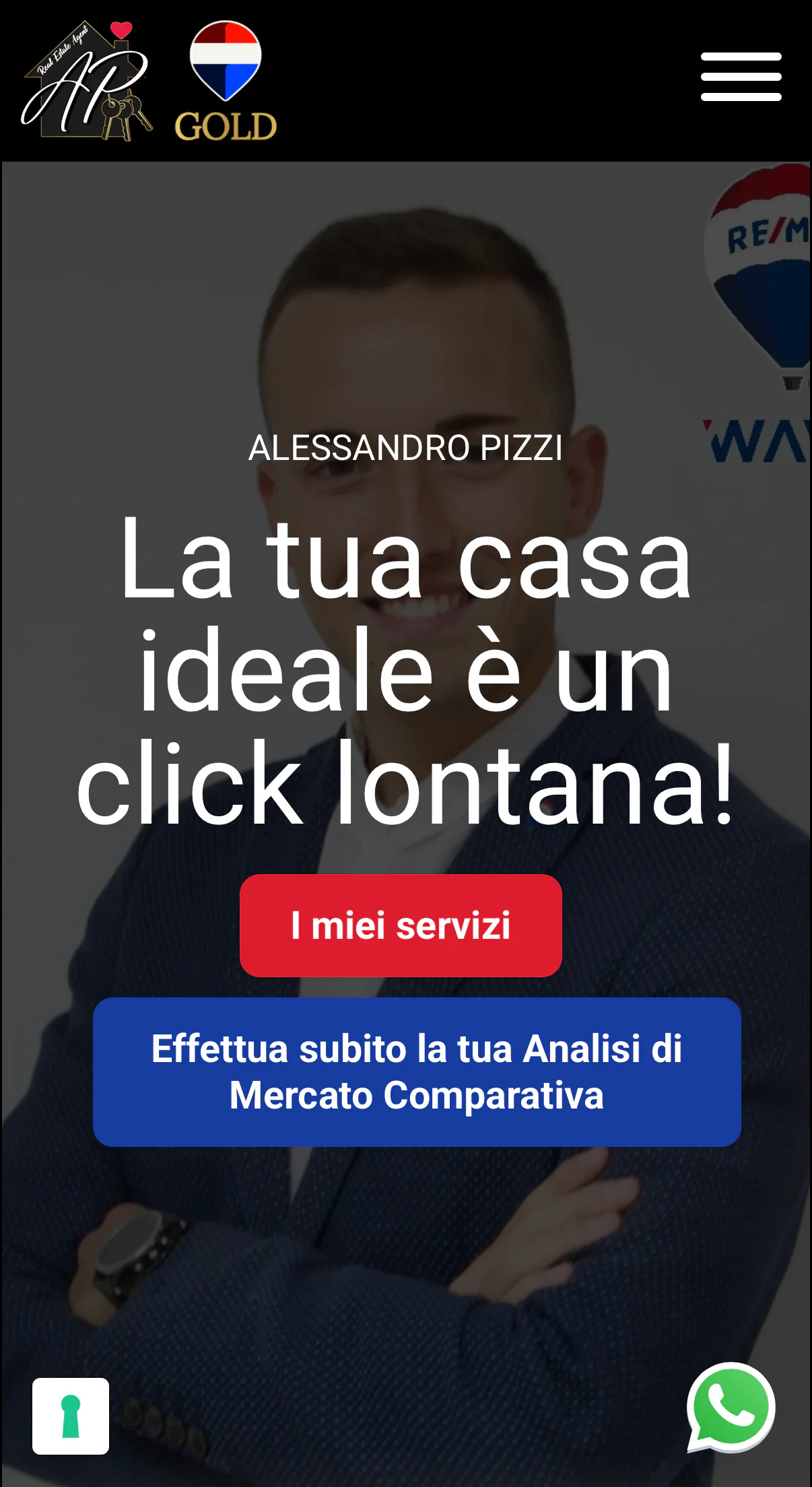 La stessa homepage su smartphone: intestazione con logo e menu a scomparsa, titolo su più righe e i due inviti all'azione impilati a piena larghezza sopra il ritratto dell'agente.